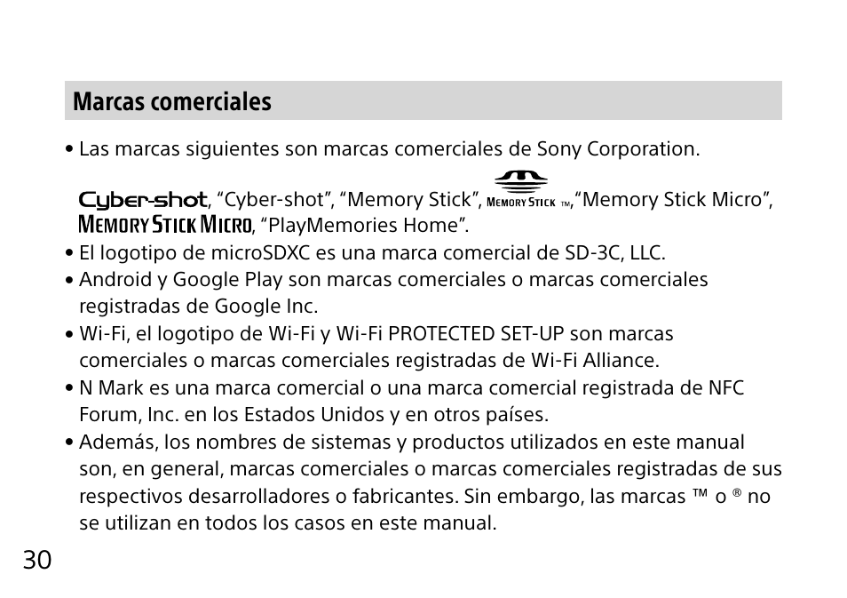 30 marcas comerciales | Sony DSC-QX10 User Manual | Page 122 / 363