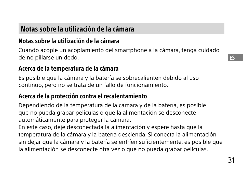 31 notas sobre la utilización de la cámara | Sony DSC-QX10 User Manual | Page 123 / 363