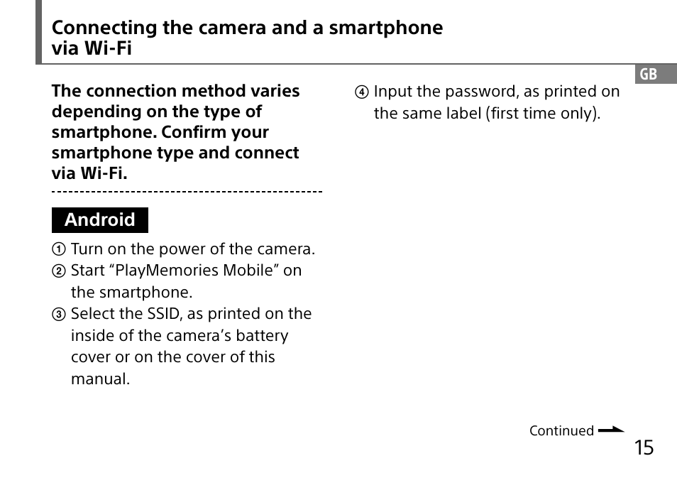 Connecting the camera and a smartphone via wi-fi | Sony DSC-QX10 User Manual | Page 15 / 363