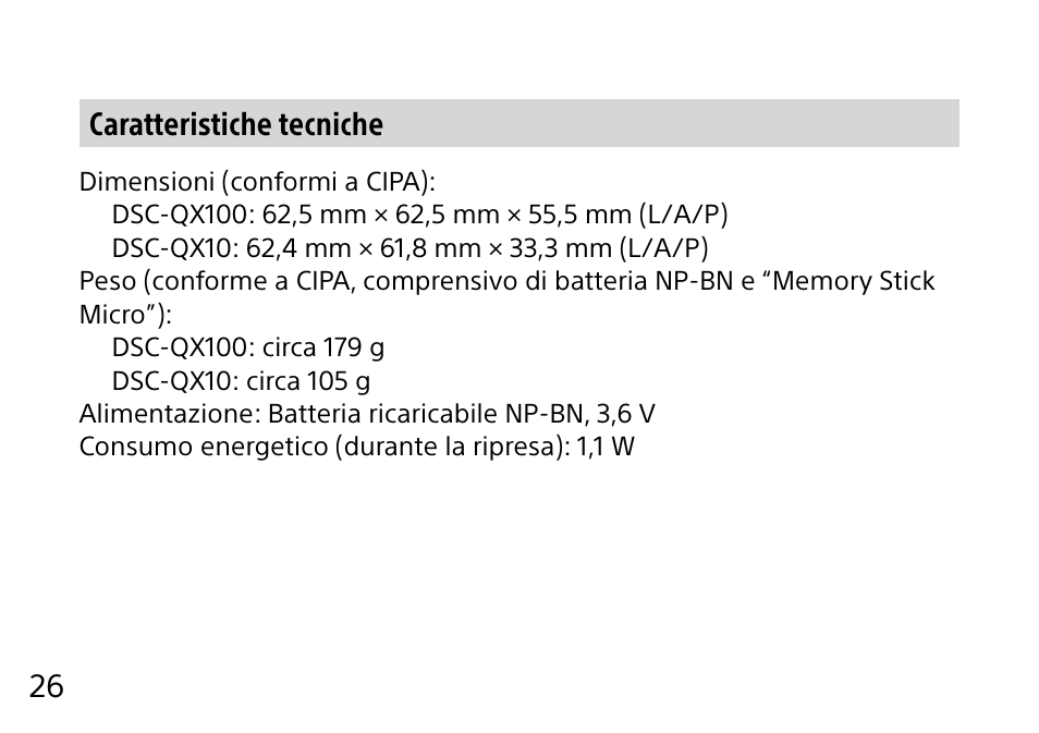 26 caratteristiche tecniche | Sony DSC-QX10 User Manual | Page 150 / 363