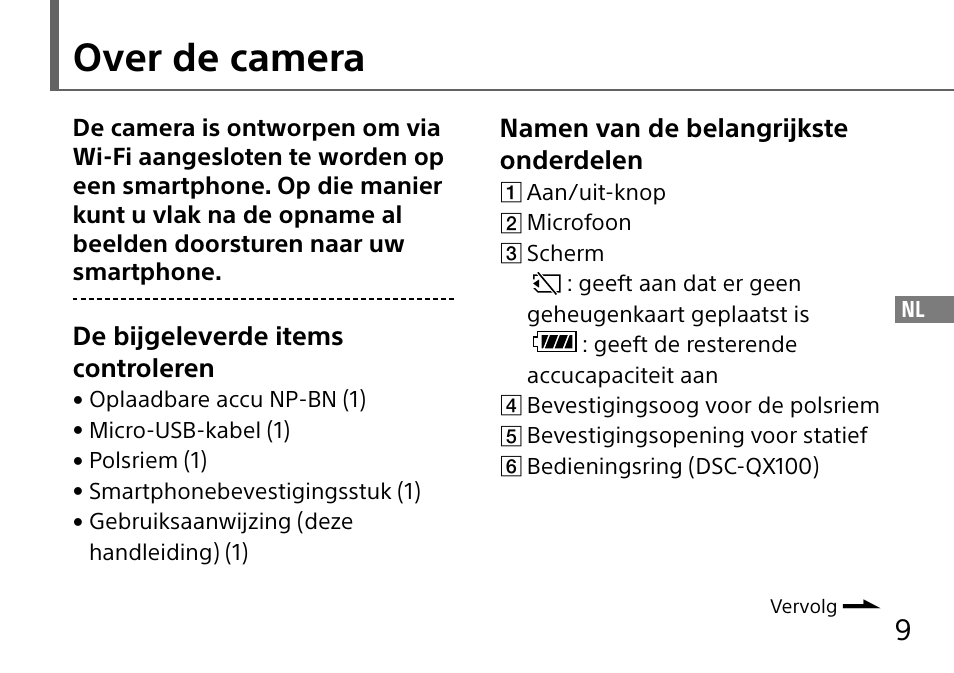 Over de camera, De bijgeleverde items controleren, Namen van de belangrijkste onderdelen | Sony DSC-QX10 User Manual | Page 163 / 363