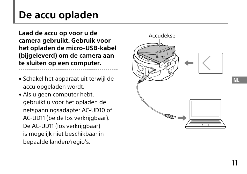 De accu opladen | Sony DSC-QX10 User Manual | Page 165 / 363