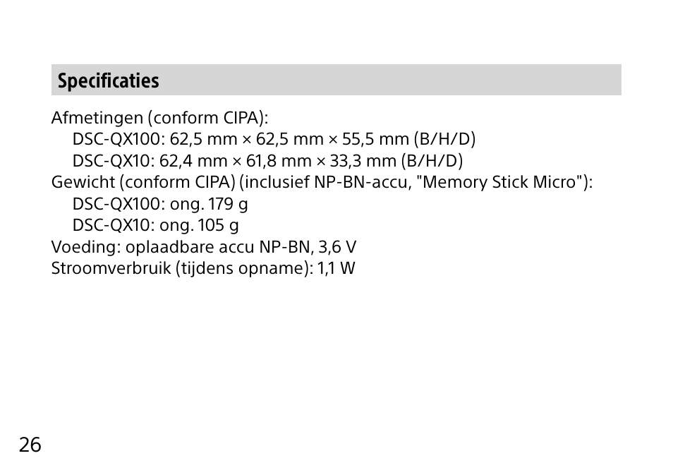 26 specificaties | Sony DSC-QX10 User Manual | Page 180 / 363