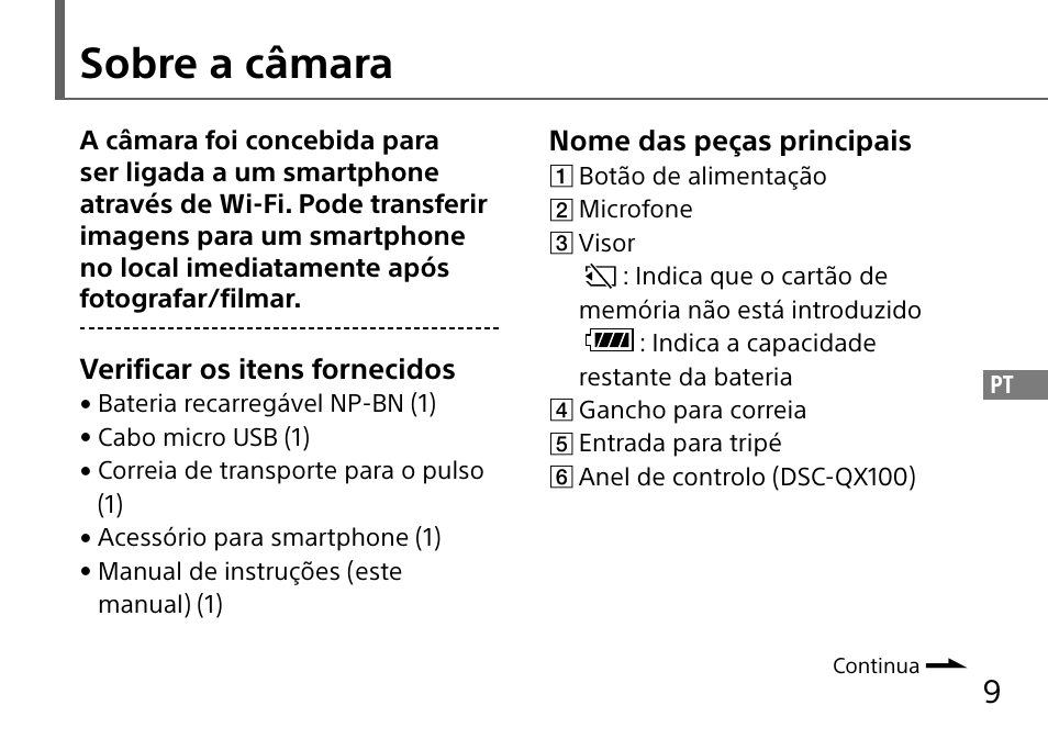 Sobre a câmara, Verificar os itens fornecidos, Nome das peças principais | Sony DSC-QX10 User Manual | Page 193 / 363
