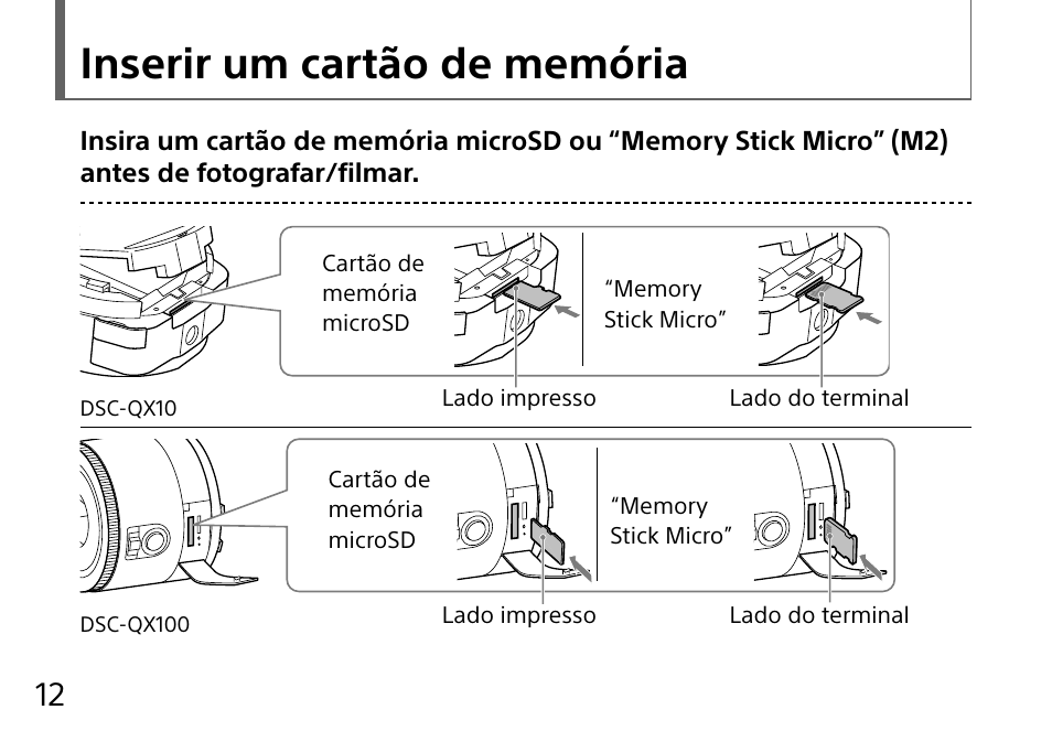 Inserir um cartão de memória | Sony DSC-QX10 User Manual | Page 196 / 363