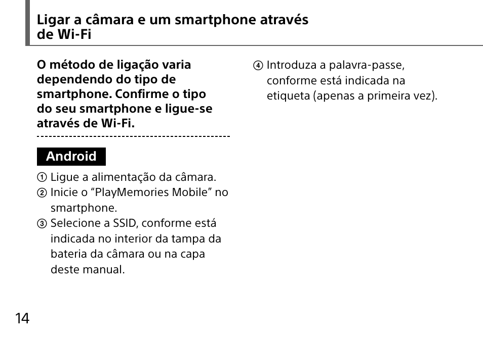 Ligar a câmara e um smartphone através de wi-fi | Sony DSC-QX10 User Manual | Page 198 / 363