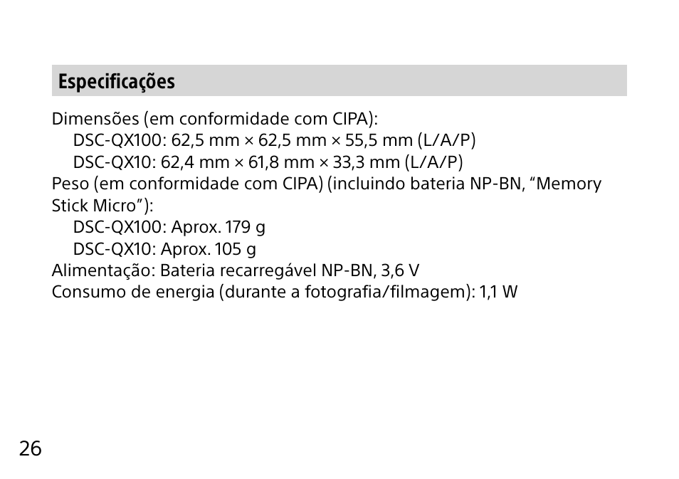 26 especificações | Sony DSC-QX10 User Manual | Page 210 / 363