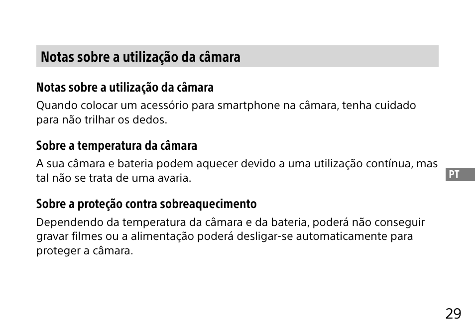 29 notas sobre a utilização da câmara | Sony DSC-QX10 User Manual | Page 213 / 363