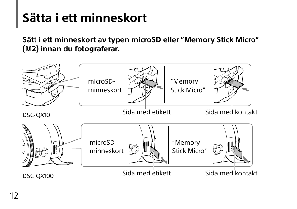 Sätta i ett minneskort | Sony DSC-QX10 User Manual | Page 226 / 363