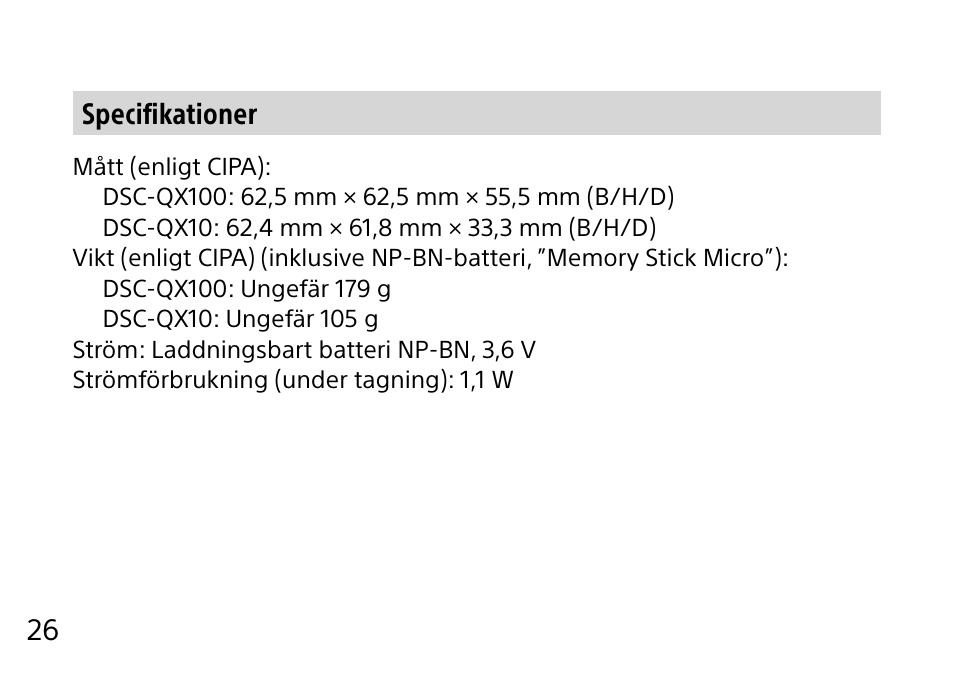 26 specifikationer | Sony DSC-QX10 User Manual | Page 240 / 363