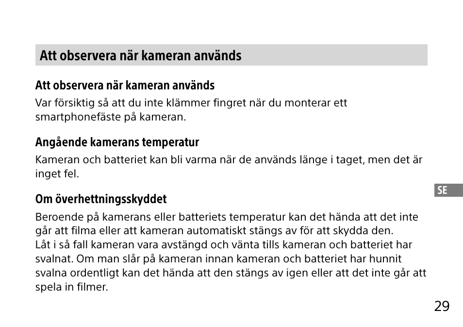 29 att observera när kameran används | Sony DSC-QX10 User Manual | Page 243 / 363