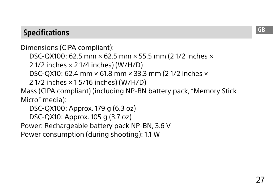 27 specifications | Sony DSC-QX10 User Manual | Page 27 / 363