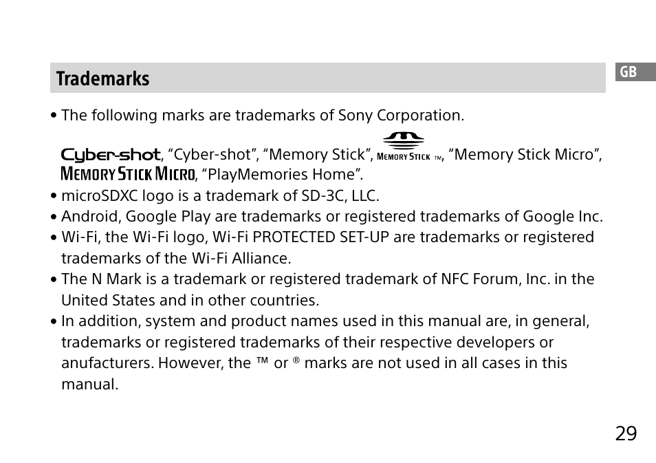 29 trademarks | Sony DSC-QX10 User Manual | Page 29 / 363