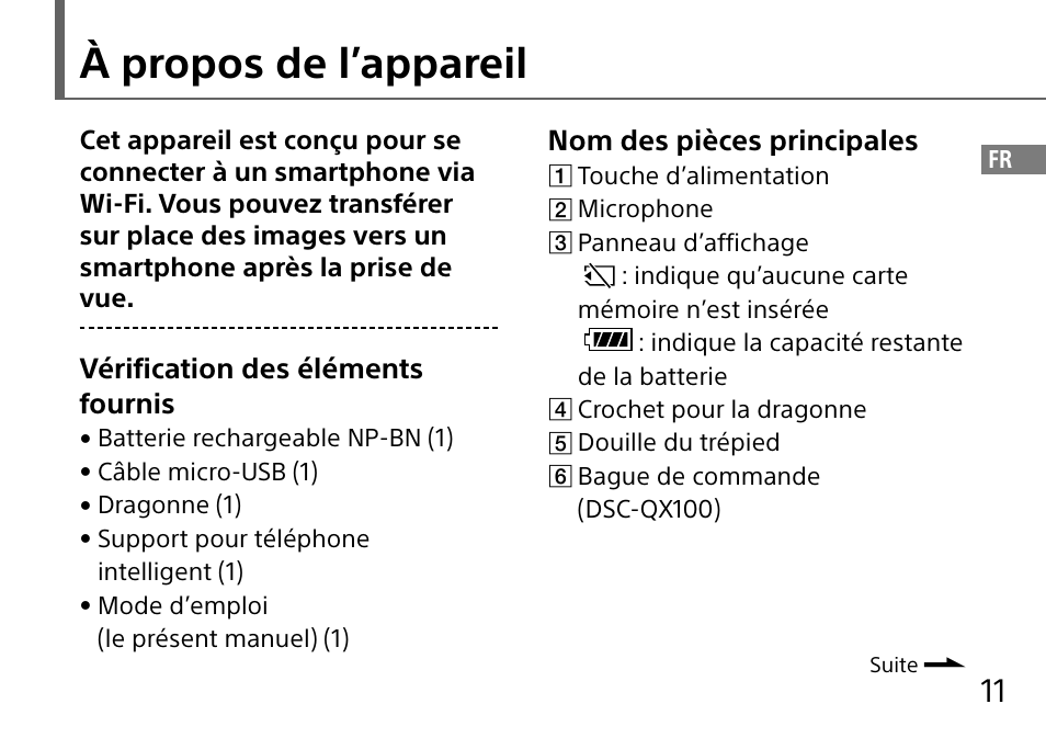 À propos de l’appareil, Vérification des éléments fournis, Nom des pièces principales | Sony DSC-QX10 User Manual | Page 41 / 363