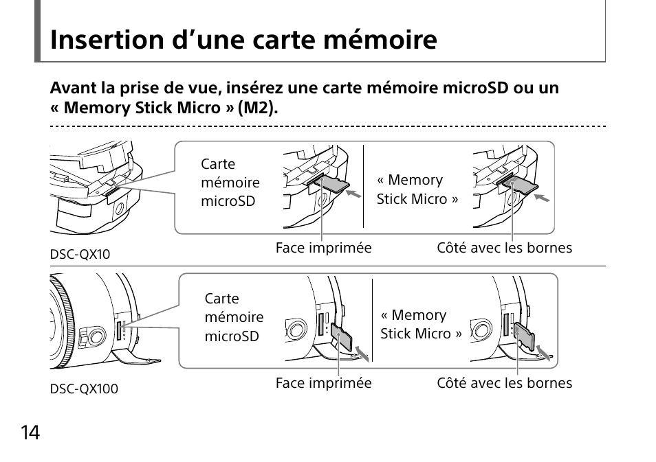 Insertion d’une carte mémoire | Sony DSC-QX10 User Manual | Page 44 / 363