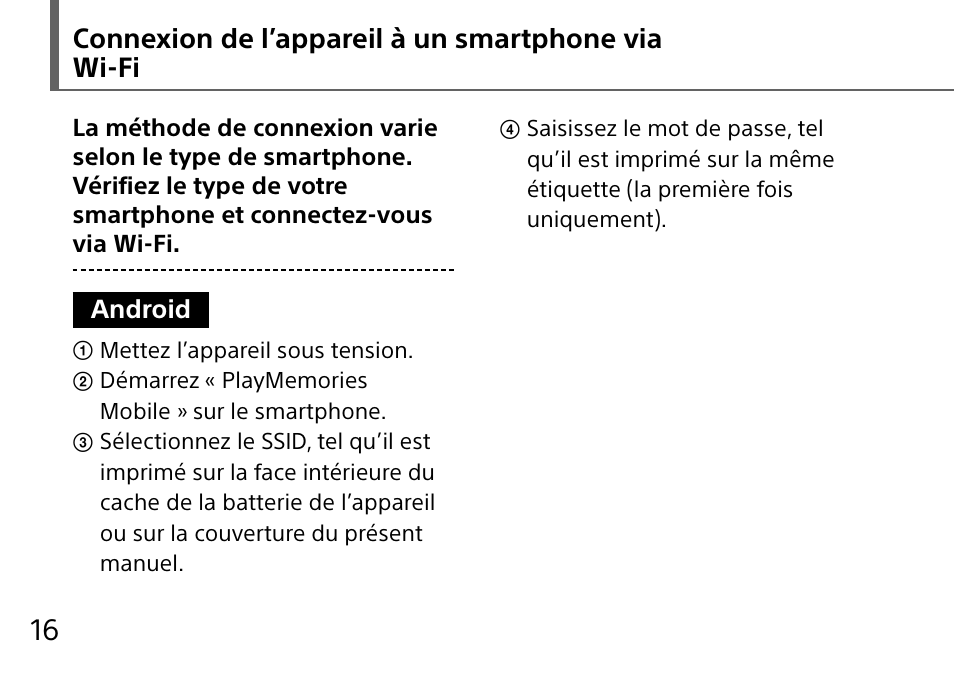 Connexion de l’appareil à un smartphone via wi-fi | Sony DSC-QX10 User Manual | Page 46 / 363