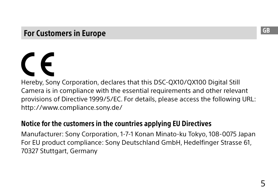 5for customers in europe | Sony DSC-QX10 User Manual | Page 5 / 363