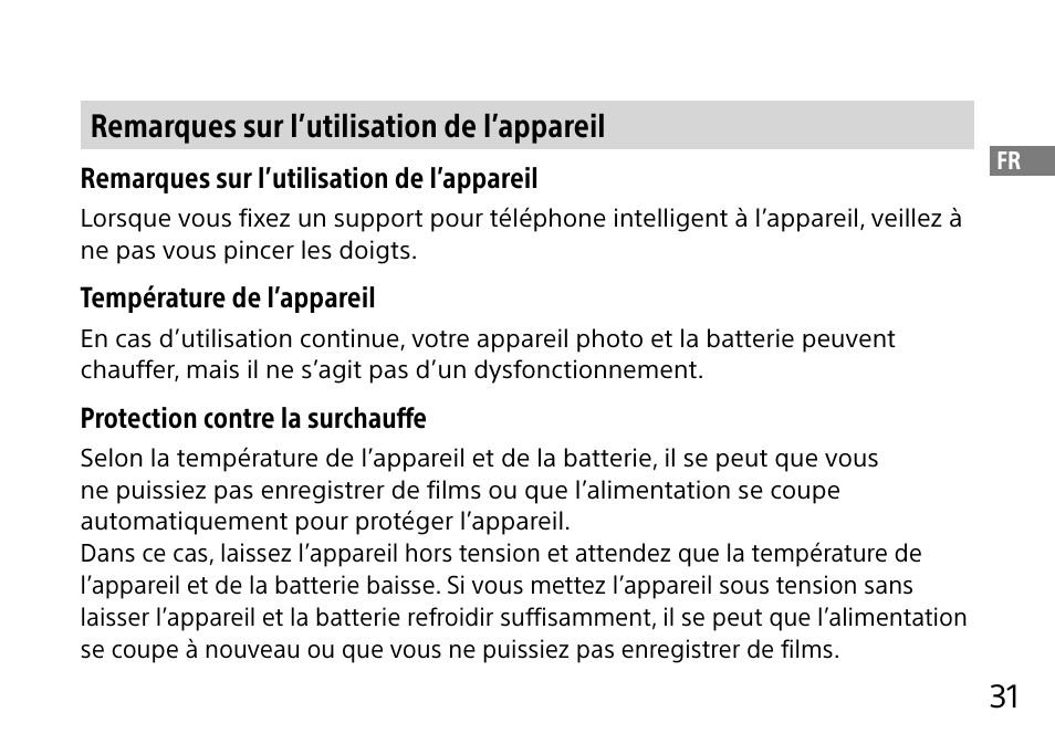 31 remarques sur l’utilisation de l’appareil | Sony DSC-QX10 User Manual | Page 61 / 363