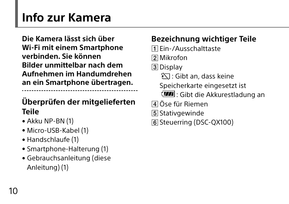 Info zur kamera, Überprüfen der mitgelieferten teile, Bezeichnung wichtiger teile | Sony DSC-QX10 User Manual | Page 72 / 363