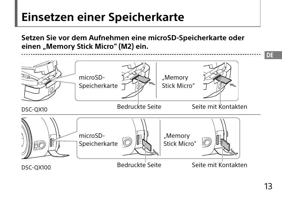 Einsetzen einer speicherkarte | Sony DSC-QX10 User Manual | Page 75 / 363