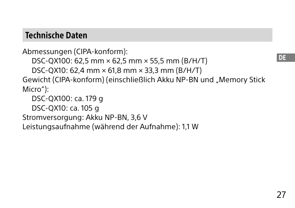 27 technische daten | Sony DSC-QX10 User Manual | Page 89 / 363