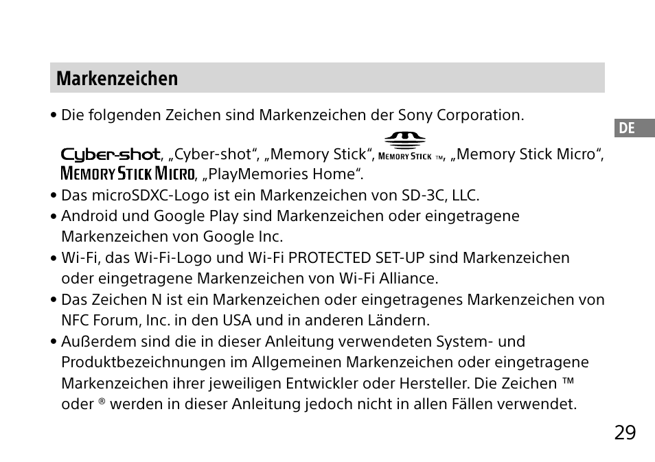 29 markenzeichen | Sony DSC-QX10 User Manual | Page 91 / 363