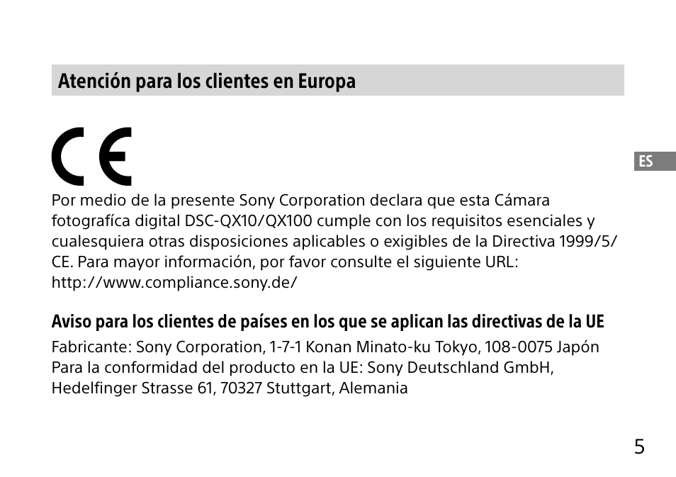 5atención para los clientes en europa | Sony DSC-QX10 User Manual | Page 97 / 363