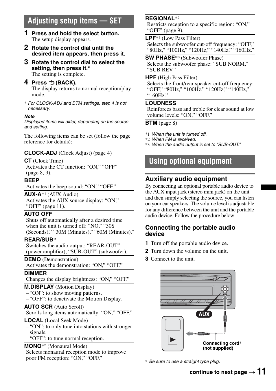 Adjusting setup items - set, Using optional equipment, Auxiliary audio equipment | Adjusting setup items — set | Sony CDX-GT252MP User Manual | Page 11 / 92