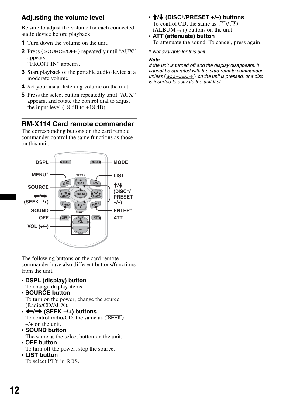 Rm-x114 card remote commander, Adjusting the volume level | Sony CDX-GT252MP User Manual | Page 12 / 92