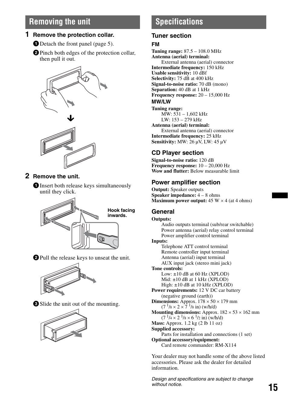 Removing the unit, Specifications, Removing the unit specifications | Sony CDX-GT252MP User Manual | Page 15 / 92