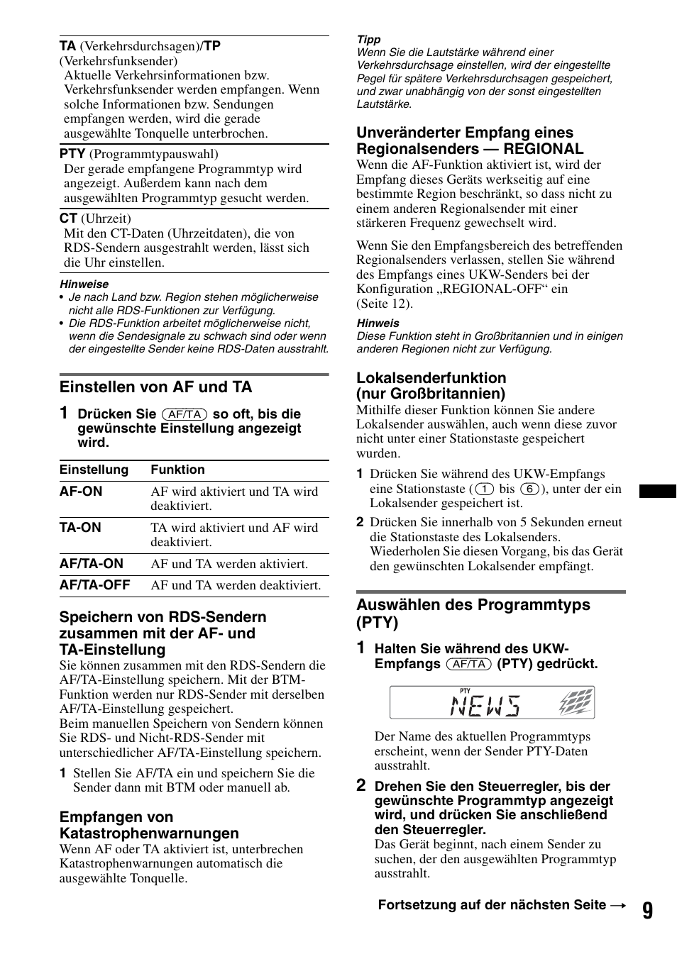 Einstellen von af und ta, Auswählen des programmtyps (pty), Seite 9 | Sony CDX-GT252MP User Manual | Page 25 / 92