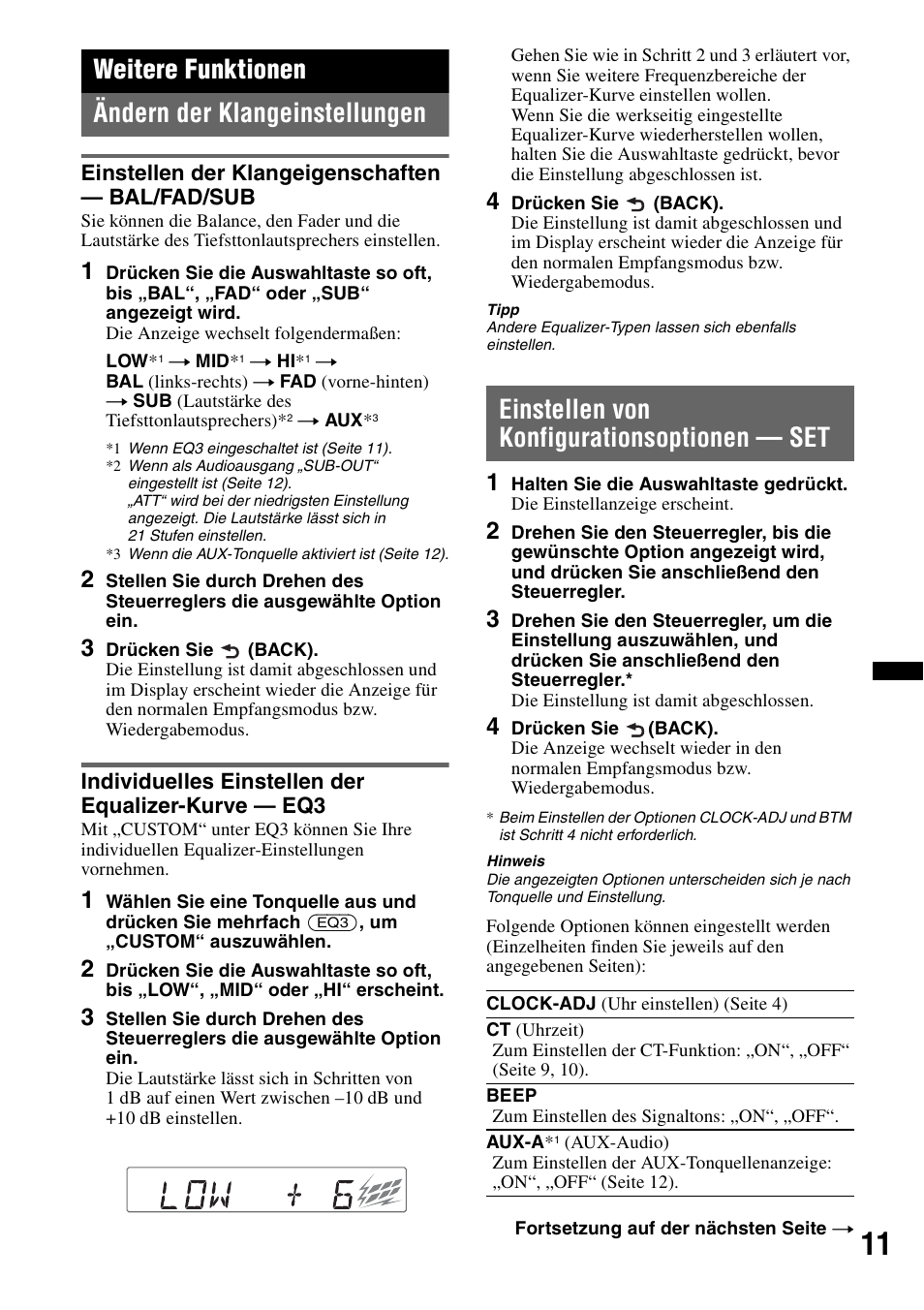 Weitere funktionen, Ändern der klangeinstellungen, Einstellen der klangeigenschaften - bal/fad/sub | Individuelles einstellen der equalizer-kurve - eq3, Einstellen von konfigurationsoptionen - set, Einstellen von konfigurationsoptionen — set, Seite 11, Weitere funktionen ändern der klangeinstellungen | Sony CDX-GT252MP User Manual | Page 27 / 92