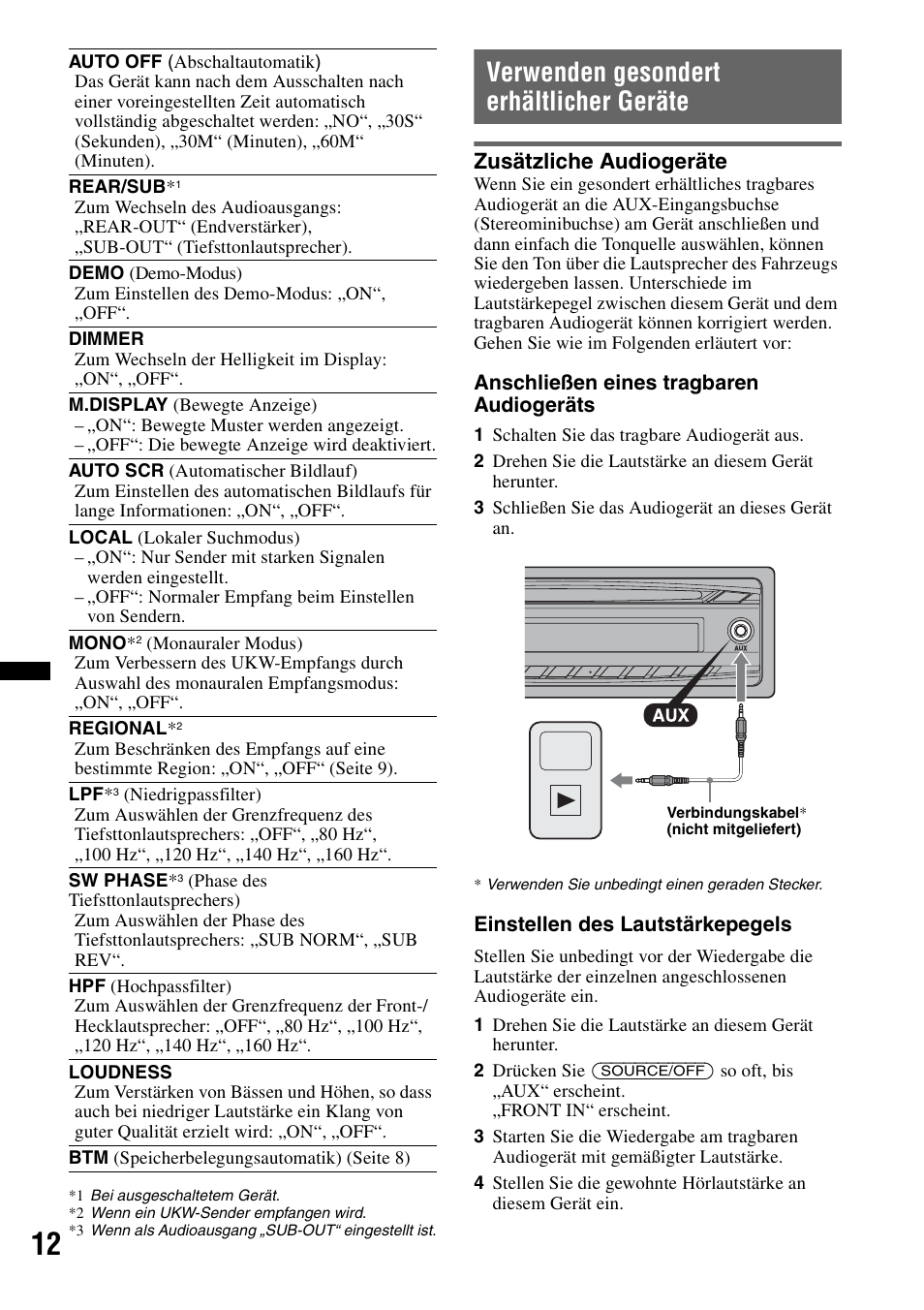 Verwenden gesondert erhältlicher geräte, Zusätzliche audiogeräte, Se seite 12 | Seite 12) | Sony CDX-GT252MP User Manual | Page 28 / 92
