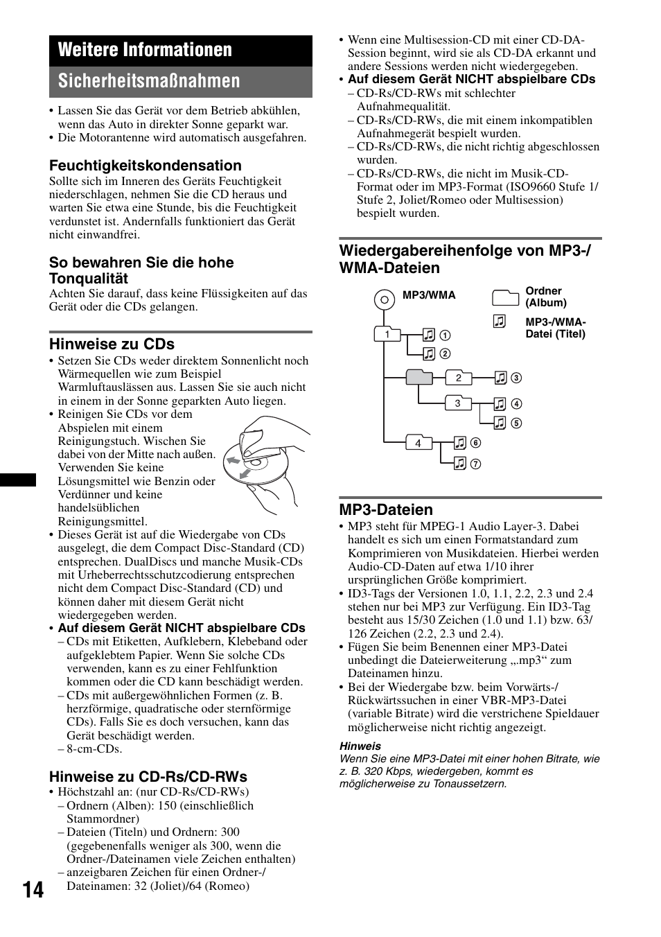 Weitere informationen, Sicherheitsmaßnahmen, Hinweise zu cds | Wiedergabereihenfolge von mp3-/ wma-dateien, Mp3-dateien, Weitere informationen sicherheitsmaßnahmen | Sony CDX-GT252MP User Manual | Page 30 / 92