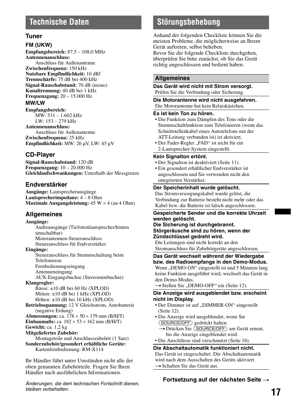 Technische daten, Störungsbehebung, Technische daten störungsbehebung | Sony CDX-GT252MP User Manual | Page 33 / 92