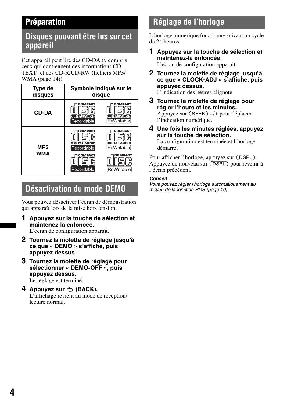 Préparation, Disques pouvant être lus sur cet appareil, Désactivation du mode demo | Réglage de l’horloge | Sony CDX-GT252MP User Manual | Page 38 / 92