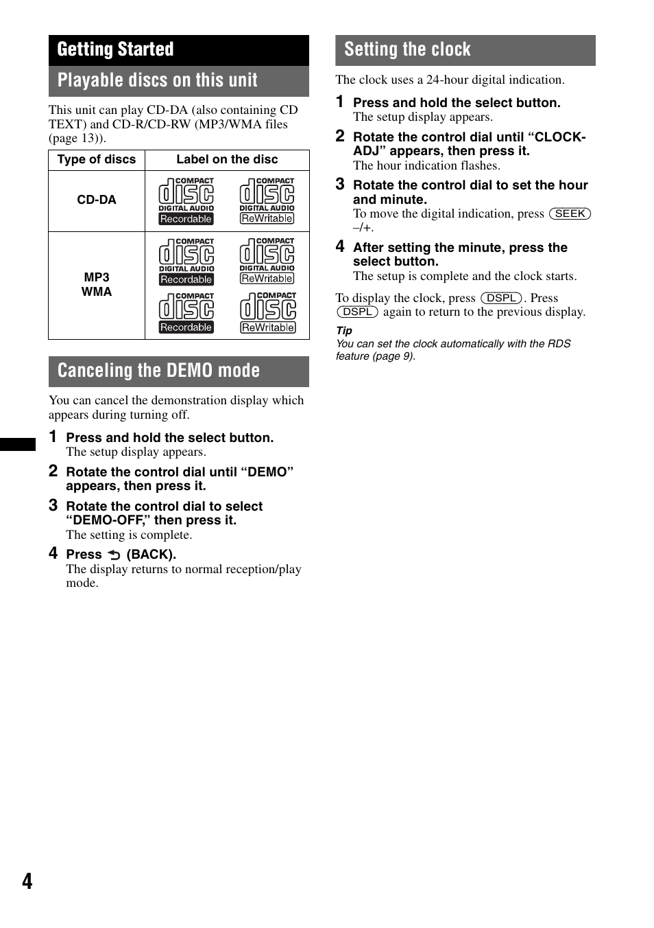Getting started, Playable discs on this unit, Canceling the demo mode | Setting the clock, Getting started playable discs on this unit | Sony CDX-GT252MP User Manual | Page 4 / 92