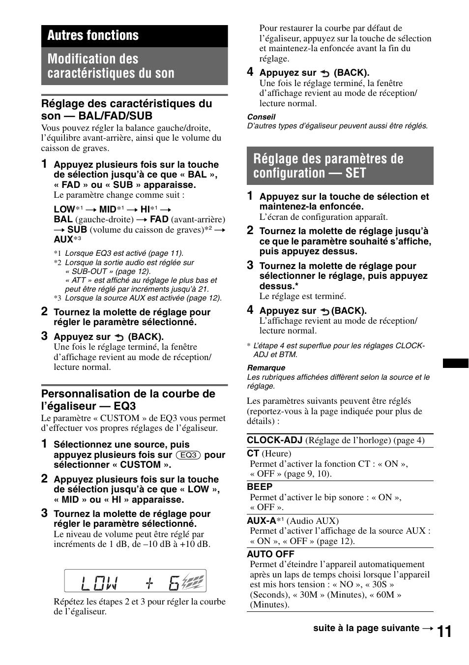 Autres fonctions, Modification des caractéristiques du son, Réglage des caractéristiques du son - bal/fad/sub | Personnalisation de la courbe de l’égaliseur - eq3, Réglage des paramètres de configuration - set, Réglage des paramètres de configuration — set | Sony CDX-GT252MP User Manual | Page 45 / 92