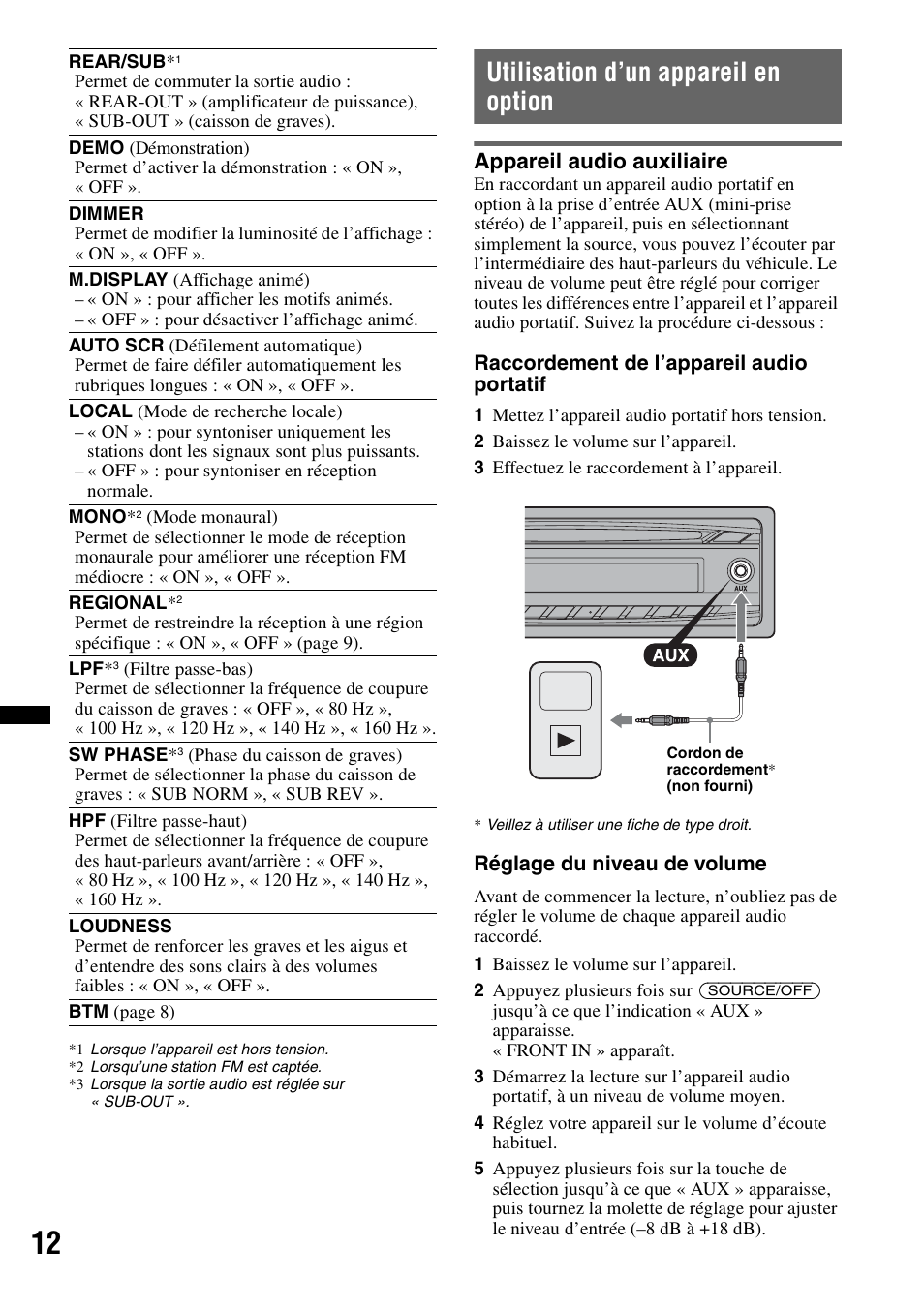 Utilisation d’un appareil en option, Appareil audio auxiliaire | Sony CDX-GT252MP User Manual | Page 46 / 92