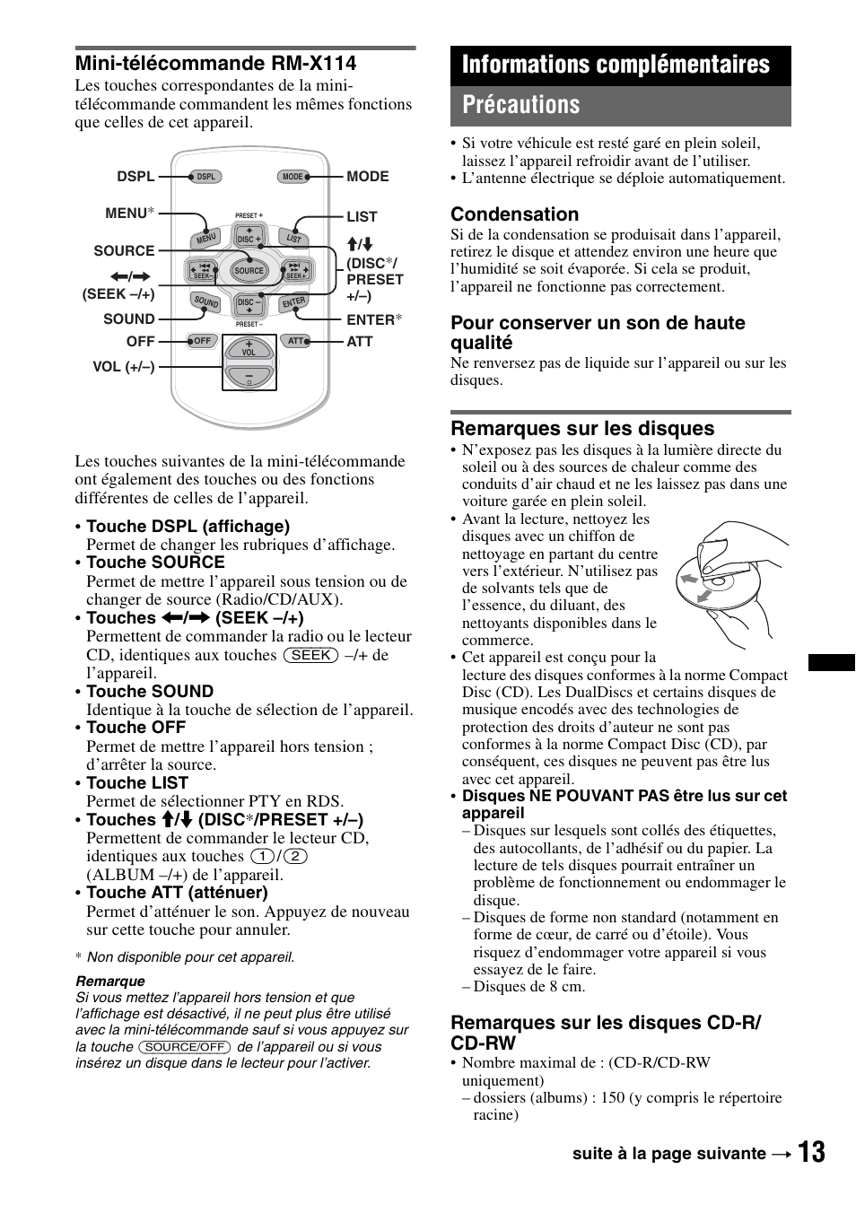 Mini-télécommande rm-x114, Informations complémentaires, Précautions | Remarques sur les disques, Informations complémentaires précautions, Condensation, Pour conserver un son de haute qualité, Remarques sur les disques cd-r/ cd-rw | Sony CDX-GT252MP User Manual | Page 47 / 92