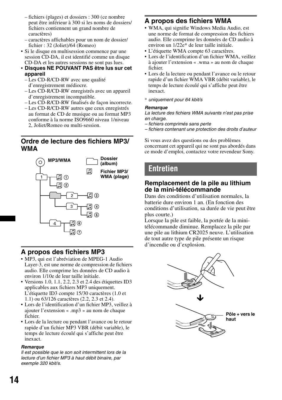 Ordre de lecture des fichiers mp3/ wma, A propos des fichiers mp3, A propos des fichiers wma | Entretien | Sony CDX-GT252MP User Manual | Page 48 / 92