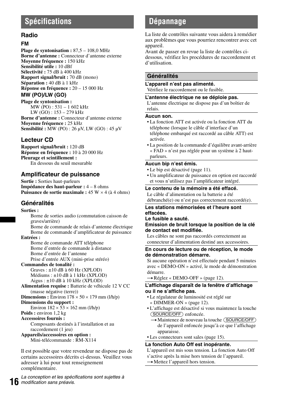 Spécifications, Dépannage, Spécifications dépannage | Sony CDX-GT252MP User Manual | Page 50 / 92