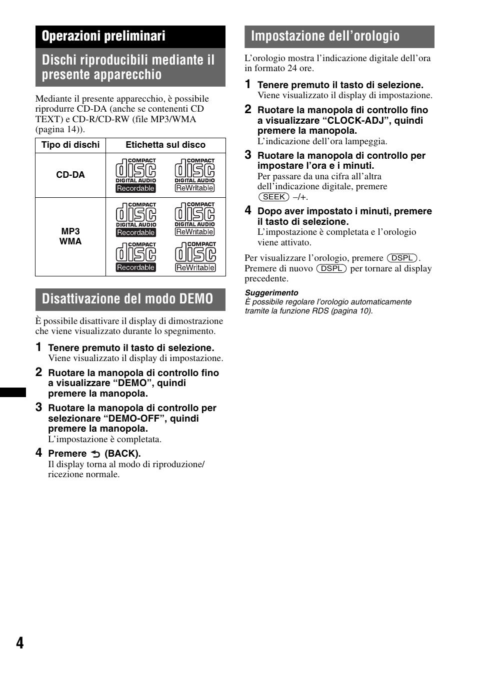 Operazioni preliminari, Disattivazione del modo demo, Impostazione dell’orologio | Sony CDX-GT252MP User Manual | Page 56 / 92