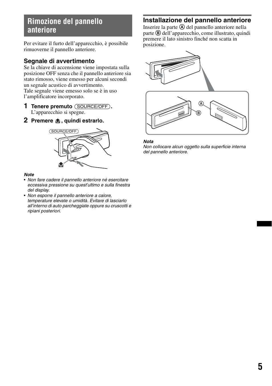 Rimozione del pannello anteriore, Installazione del pannello anteriore | Sony CDX-GT252MP User Manual | Page 57 / 92