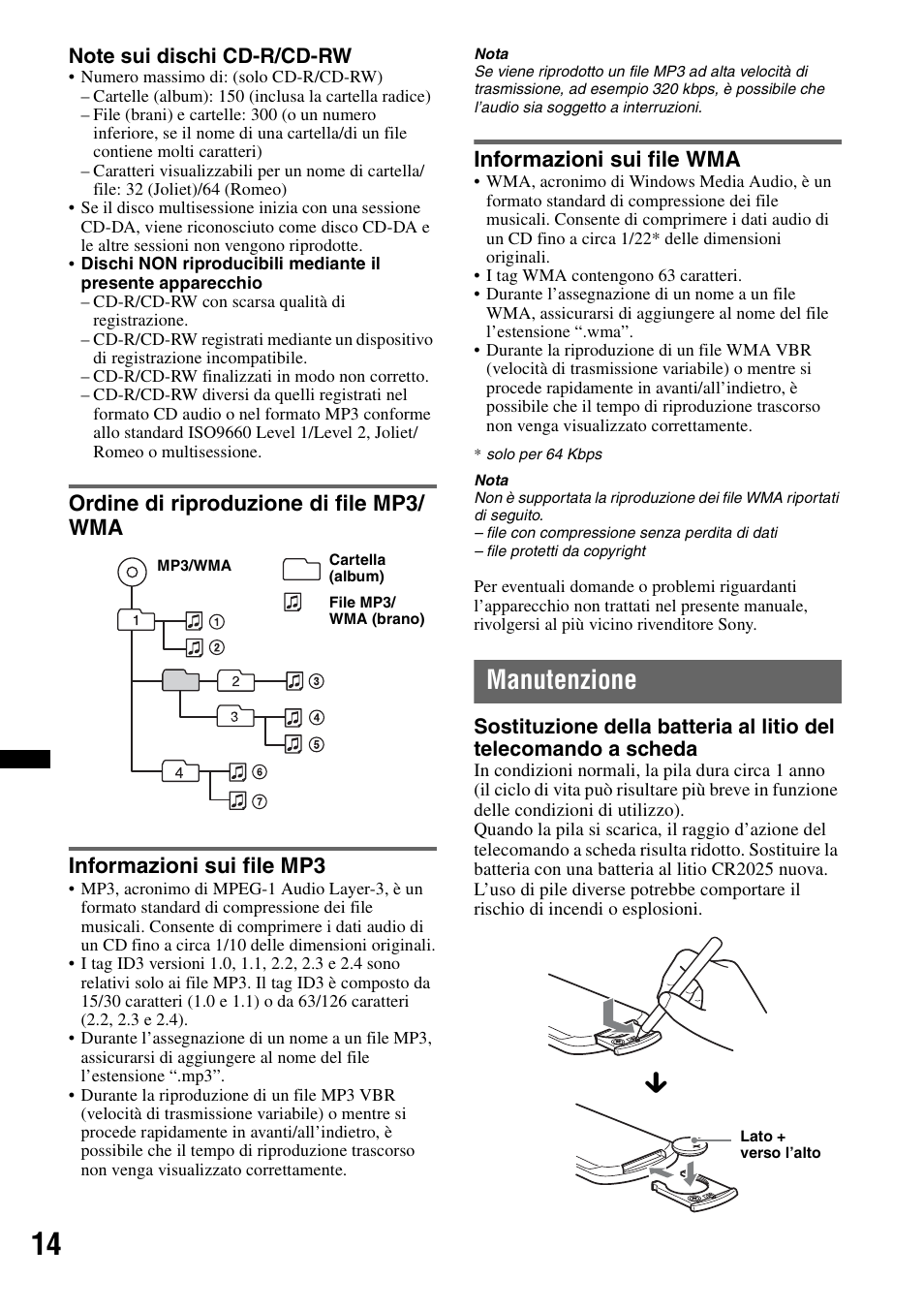 Ordine di riproduzione di file mp3/ wma, Informazioni sui file mp3, Informazioni sui file wma | Manutenzione | Sony CDX-GT252MP User Manual | Page 66 / 92