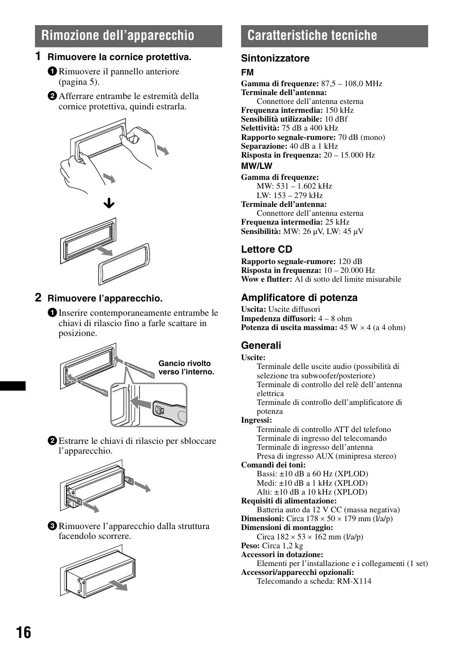 Rimozione dell’apparecchio, Caratteristiche tecniche | Sony CDX-GT252MP User Manual | Page 68 / 92