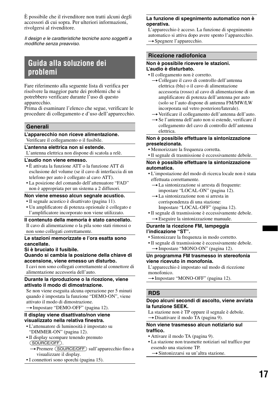 Guida alla soluzione dei problemi | Sony CDX-GT252MP User Manual | Page 69 / 92