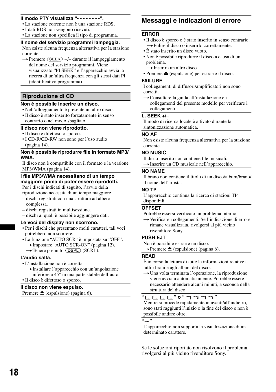Messaggi e indicazioni di errore | Sony CDX-GT252MP User Manual | Page 70 / 92