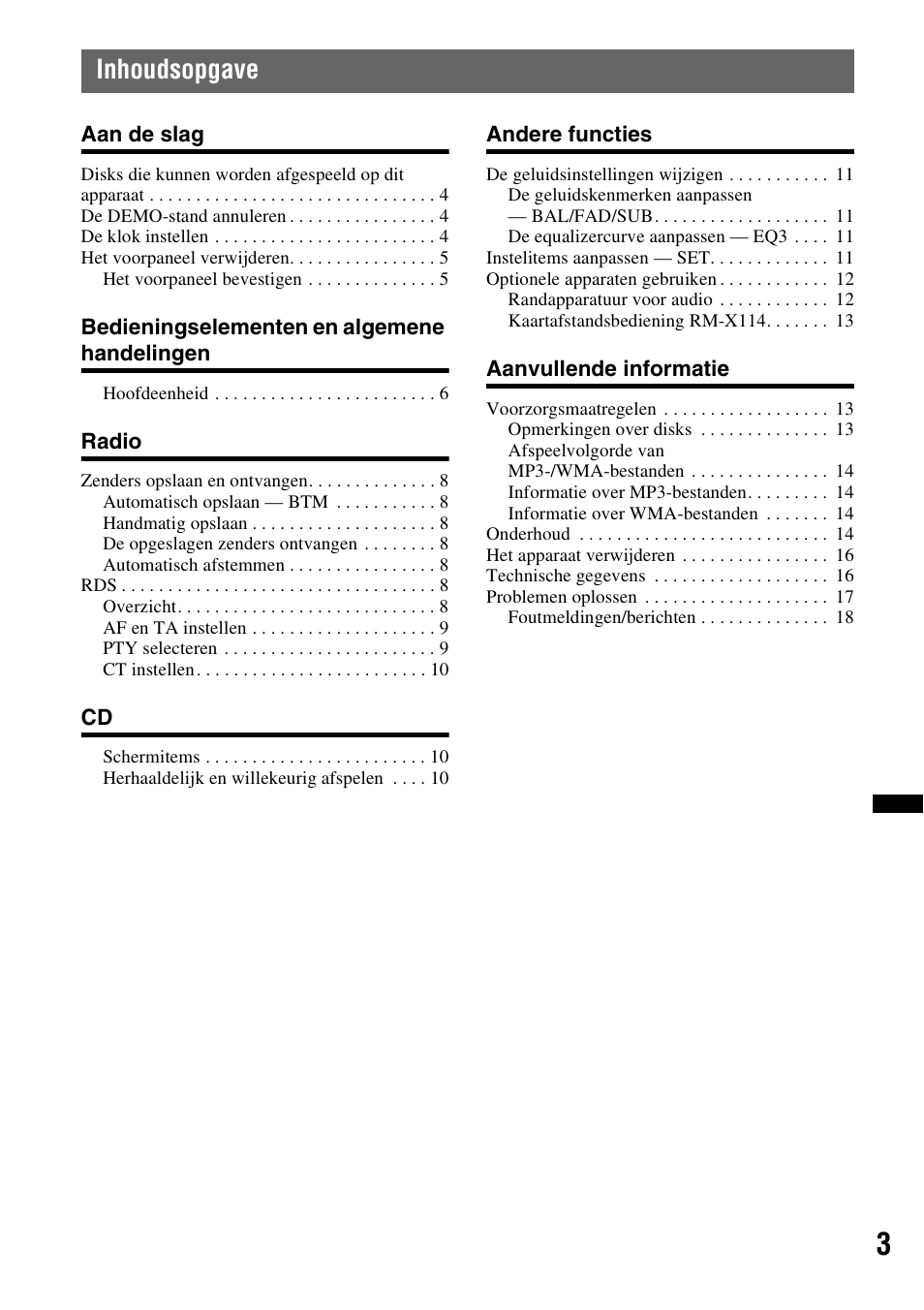 Inhoudsopgave | Sony CDX-GT252MP User Manual | Page 73 / 92