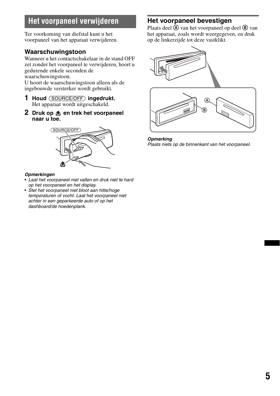 Het voorpaneel verwijderen, Het voorpaneel bevestigen | Sony CDX-GT252MP User Manual | Page 75 / 92